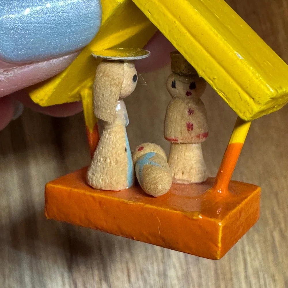 Vintage Miniature Wood Nativity Ornament Yellow Stable Made in Taiwan Christmas